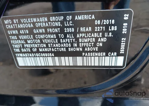 2016 Volkswagen Passat 1.8T S from USA, damaged, VIN 1VWAS7A31GC068054